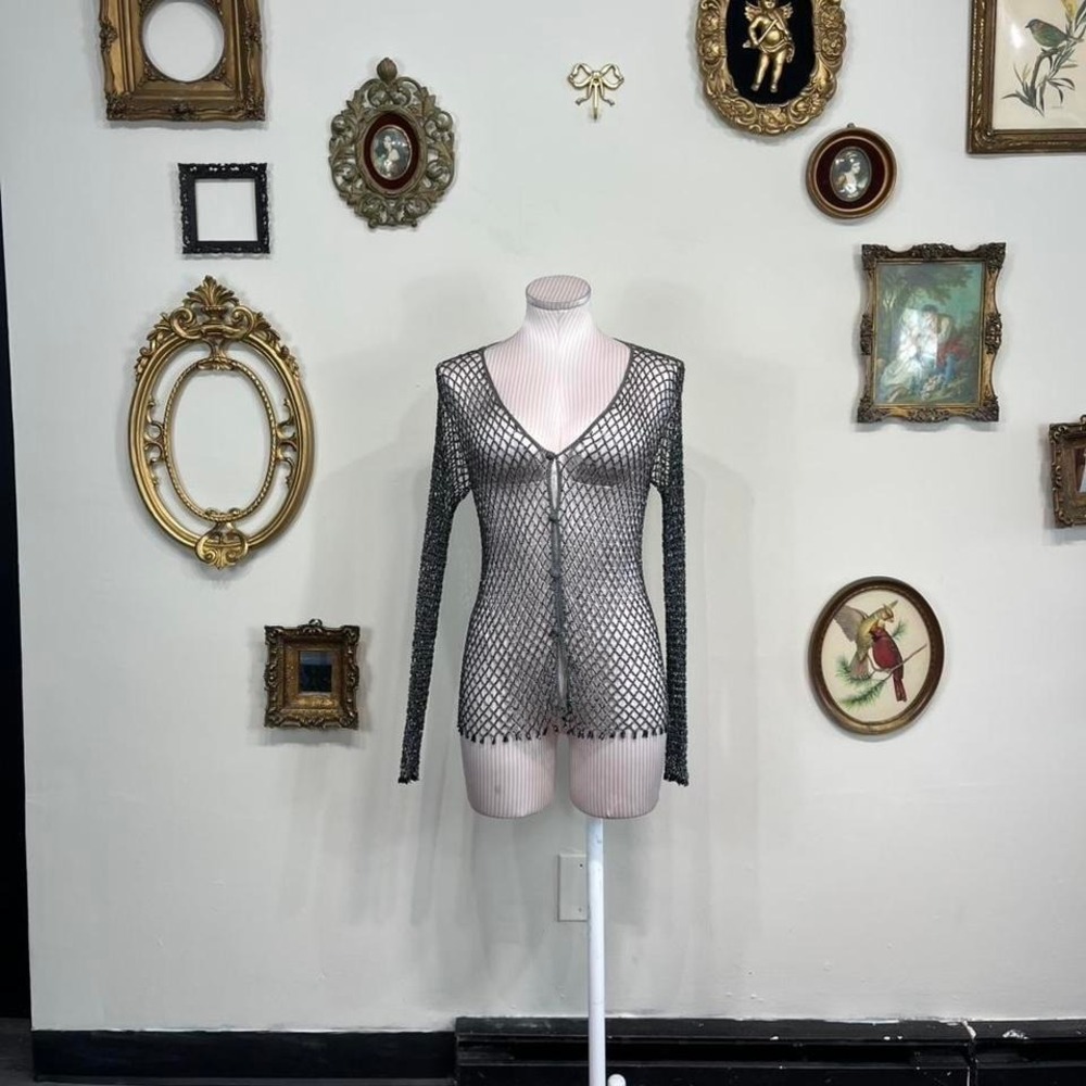 Rose e Viole Metallic Silver Loose Knit Open Cardigan – Sheer Y2K Layering Piece